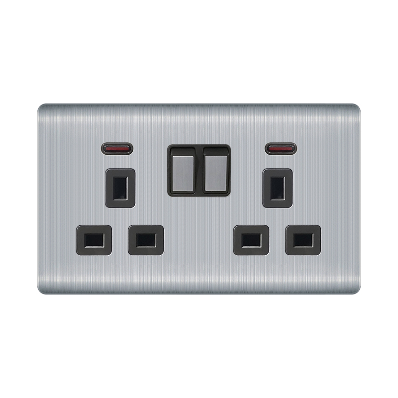 Stainless steel Socket Q1-Double UK Socket With Switch With Indicator Light-Silver